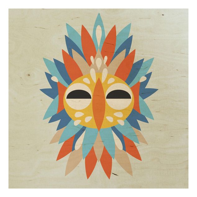 Holzbild - Collage Ethno Maske - Papagei - Quadrat 1:1