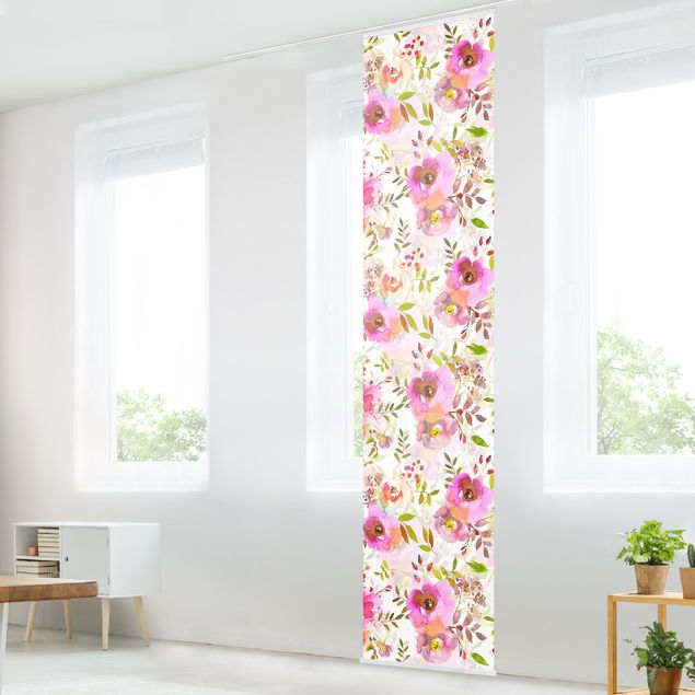 Schiebegardinen Set - Pinke Aquarell Blumen - 6 Flächenvorhänge