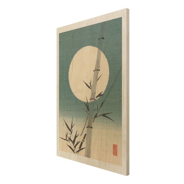 Holzbild - Japanische Zeichnung Bambus und Mond - Hochformat 3:2
