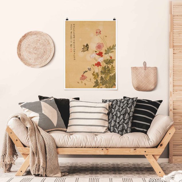 Poster - Yuanyu Ma - Mohnblumen und Schmetterlinge - Hochformat 4:3