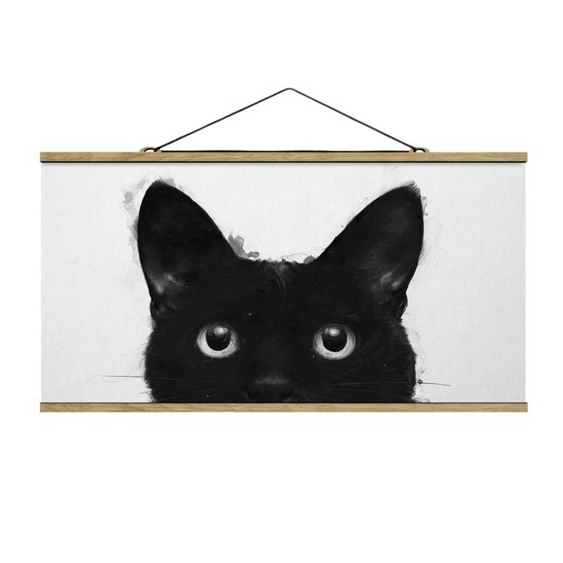 Stoffbild mit Posterleisten - Laura Graves - Illustration Schwarze Katze auf Weiß Malerei - Querformat 2:1