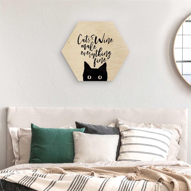 Hexagon Bild Holz - Cats and Wine make everything fine