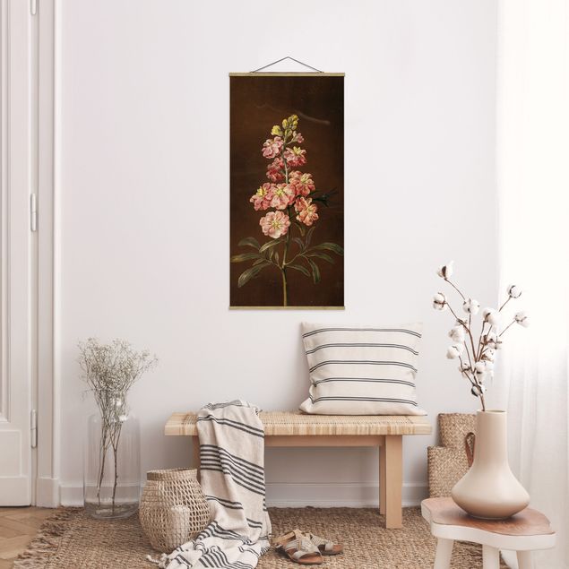 Stoffbild mit Posterleisten - Barbara Regina Dietzsch - Eine rosa Garten-Levkkoje - Hochformat 1:2