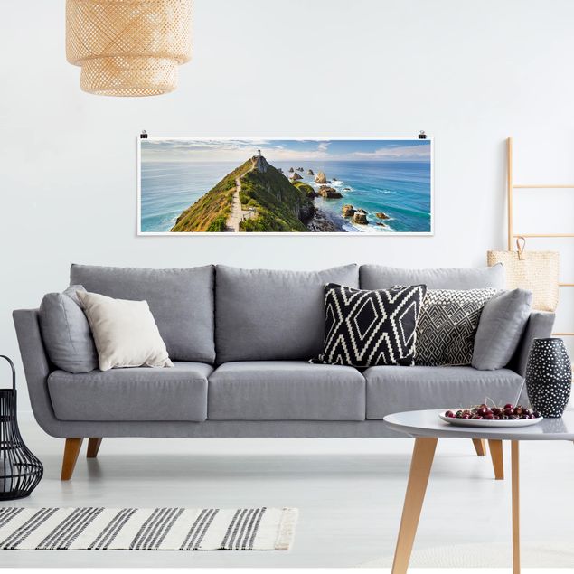 Poster - Nugget Point Leuchtturm und Meer Neuseeland - Panorama Querformat