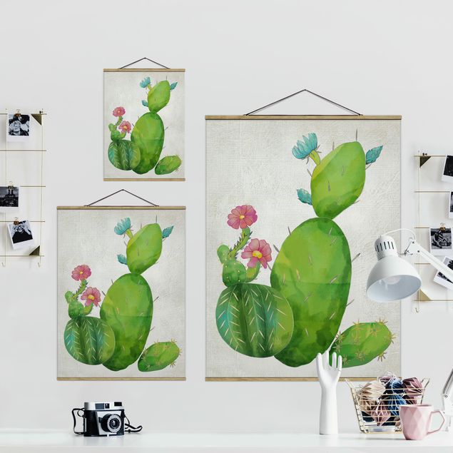 Stoffbild mit Posterleisten - Kaktusfamilie rosa türkis - Hochformat 3:4