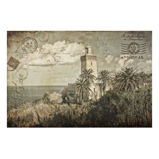 Aluminium Print gebürstet - Vintage Postkarte mit Leuchtturm und Palmen - Querformat 2:3