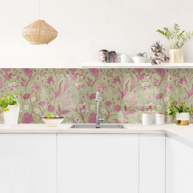 Küchenrückwand - Blumentanz in Mint-Grün und Rosa Pastell