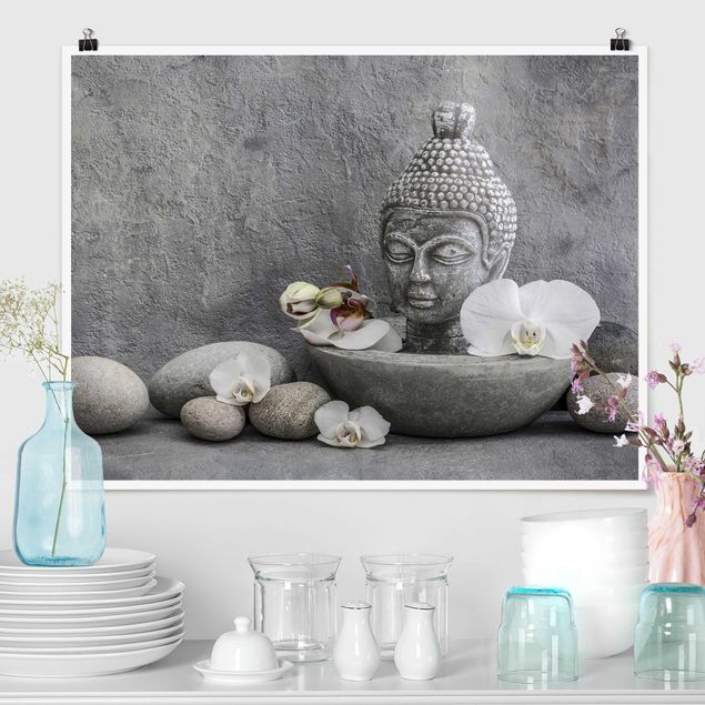 Poster - Zen Buddha, Orchideen und Steine - Querformat 3:4