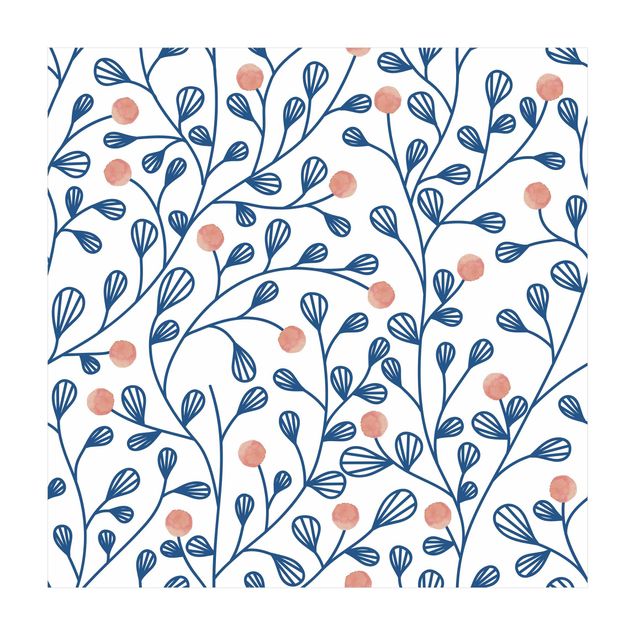 Teppich blau Blaues Pflanzen Muster mit Punkten in Rosa