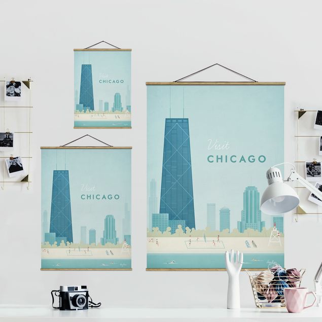 Stoffbild mit Posterleisten - Reiseposter - Chicago - Hochformat 3:4