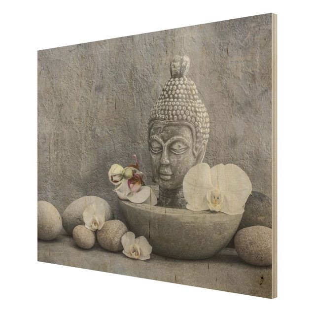 Holzbild - Zen Buddha, Orchideen und Steine - Querformat 3:4