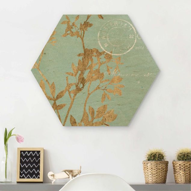 Hexagon Bild Holz - Goldene Blätter auf Turquoise I