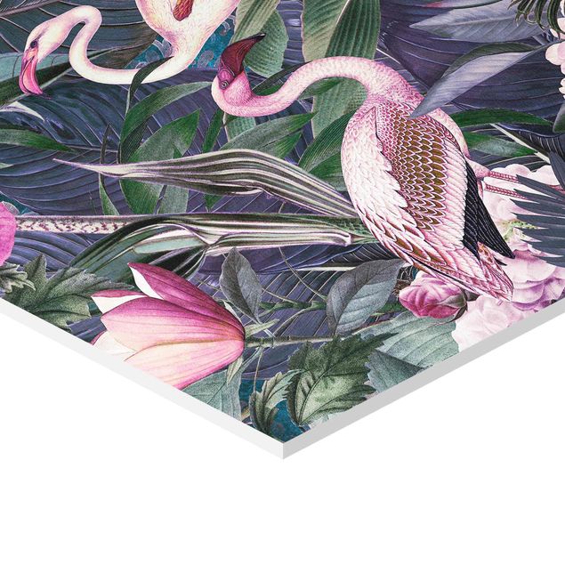 Hexagon Bild Forex - Bunte Collage - Pinke Flamingos im Dschungel