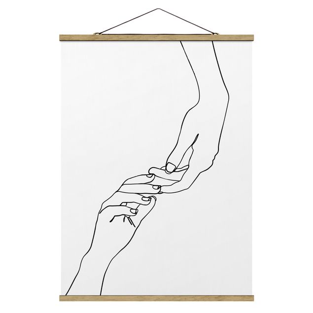 Stoffbild mit Posterleisten - Line Art Hände Berührung Schwarz Weiß - Hochformat 3:4