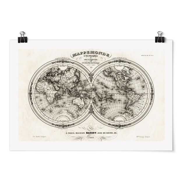 Poster - Weltkarte - Französische Karte der Hemissphären von 1848 - Querformat 2:3