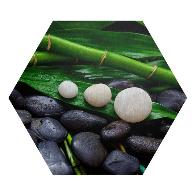 Hexagon Bild Alu-Dibond - Grüner Bambus mit Zen Steinen