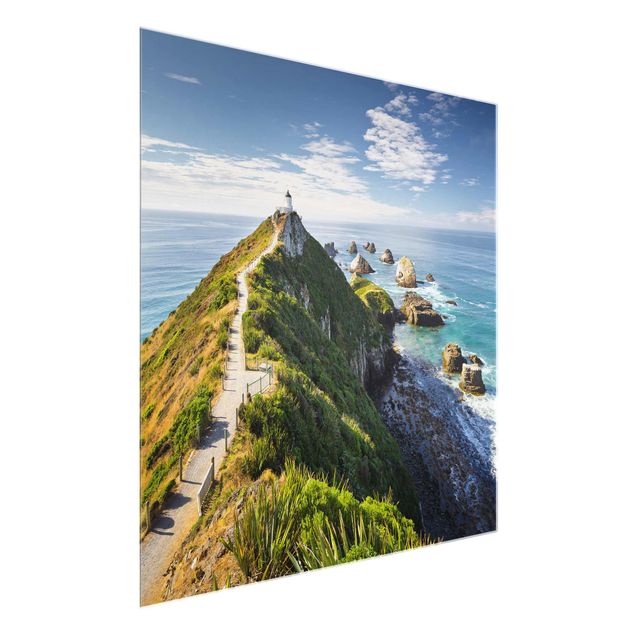 Glasbild - Nugget Point Leuchtturm und Meer Neuseeland - Quadrat 1:1