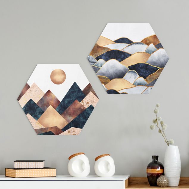 Hexagon Bild Alu-Dibond 2-teilig - Elisabeth Fredriksson - Geometrische & Goldene Berge Aquarell