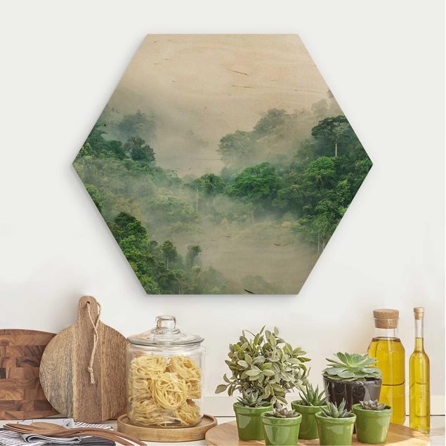 Hexagon Bild Holz - Dschungel im Nebel