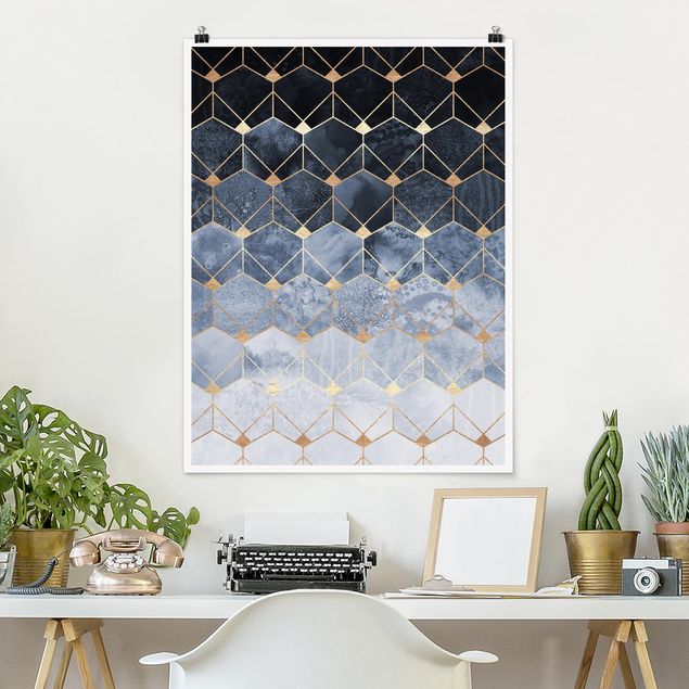 Poster - Blaue Geometrie goldenes Art Deco - Hochformat 4:3