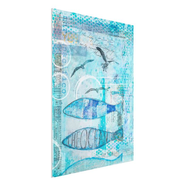 Forex Fine Art Print - Bunte Collage - Blaue Fische - Hochformat 4:3