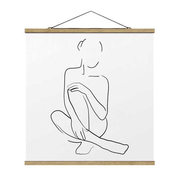 Stoffbild mit Posterleisten - Line Art Frau sitzt Schwarz Weiß - Quadrat 1:1