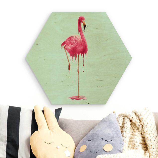Hexagon Bild Holz - Jonas Loose - Schmelzender Flamingo