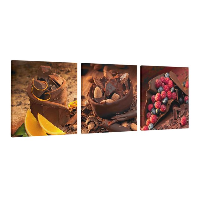 Leinwandbild 3-teilig - Schokolade mit Früchten und Mandeln - Quadrate 1:1