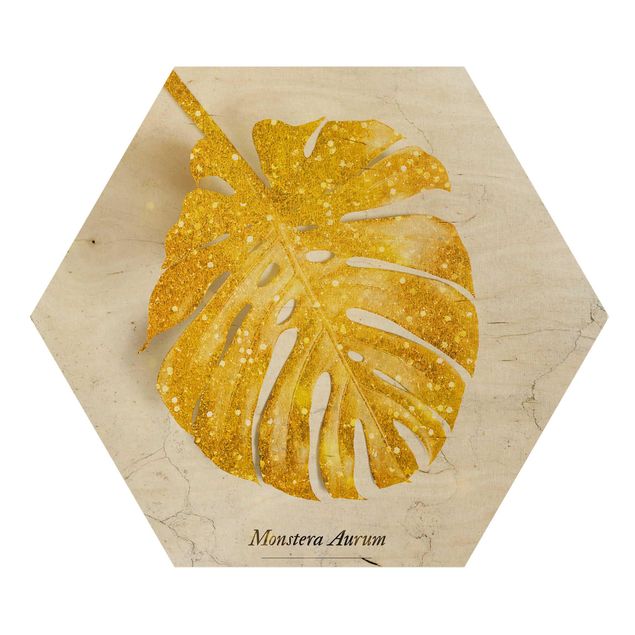 Hexagon Bild Holz - Gold - Monstera Aurum