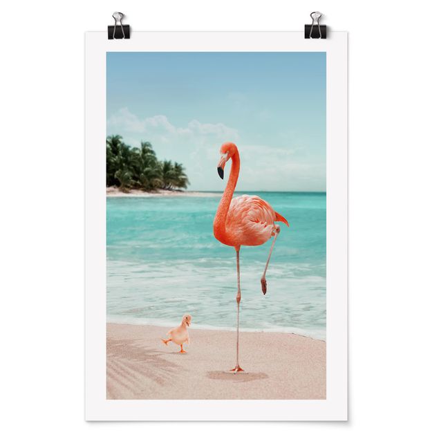 Poster - Jonas Loose - Strand mit Flamingo - Hochformat 3:2