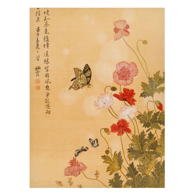 Magnettafel - Yuanyu Ma - Mohnblumen und Schmetterlinge - Memoboard Hochformat 4:3