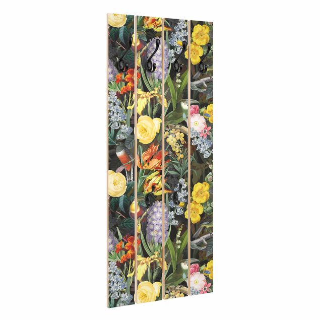 Wandgarderobe Holz - Blumen mit Tropischen Vögeln Bunt - Haken chrom Hochformat