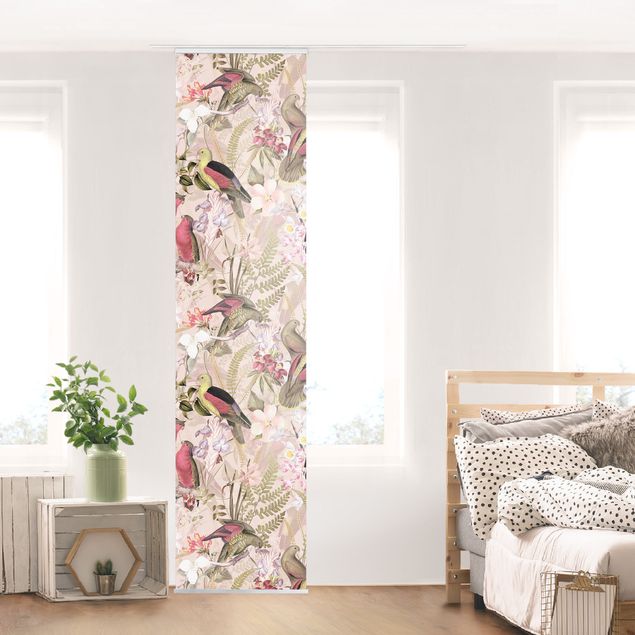 Schiebegardinen Set - Rosa Pastell Vögel mit Blumen - 6 Flächenvorhänge