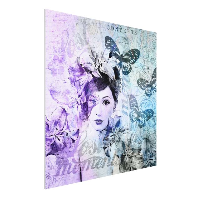 Forex Fine Art Print - Shabby Chic Collage - Portrait mit Schmetterlingen - Quadrat 1:1