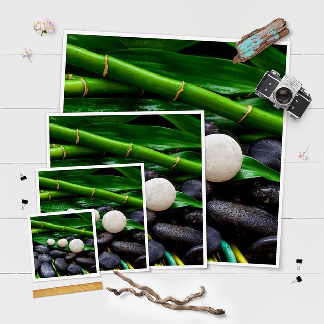 Poster - Grüner Bambus mit Zen Steinen - Quadrat 1:1