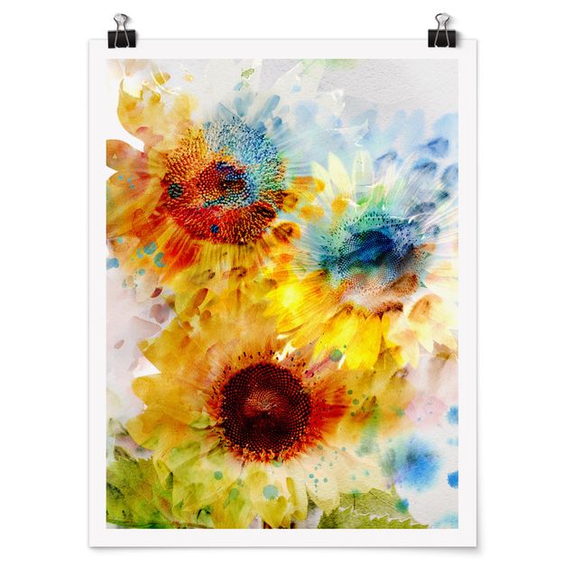 Poster - Aquarell Blumen Sonnenblumen - Hochformat 3:4