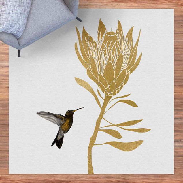 Moderner Teppich Kolibri und tropische goldene Blüte