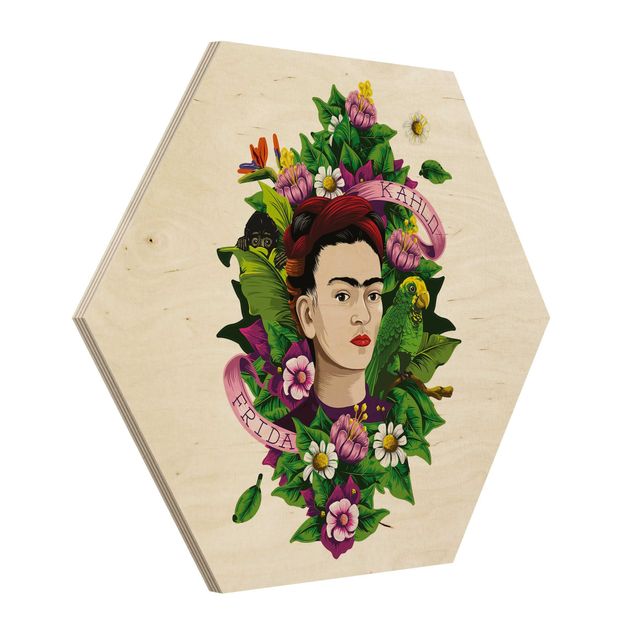 Hexagon Bild Holz - Frida Kahlo - Frida, Äffchen und Papagei