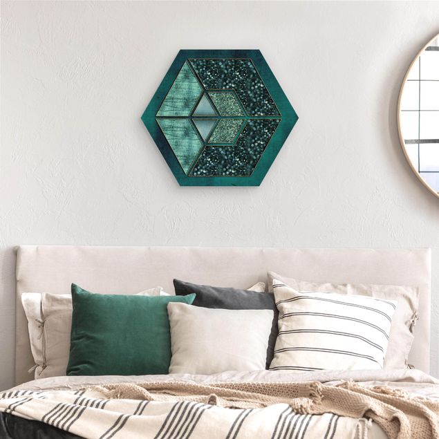 Hexagon Bild Holz - Blaues Hexagon mit Goldkontur
