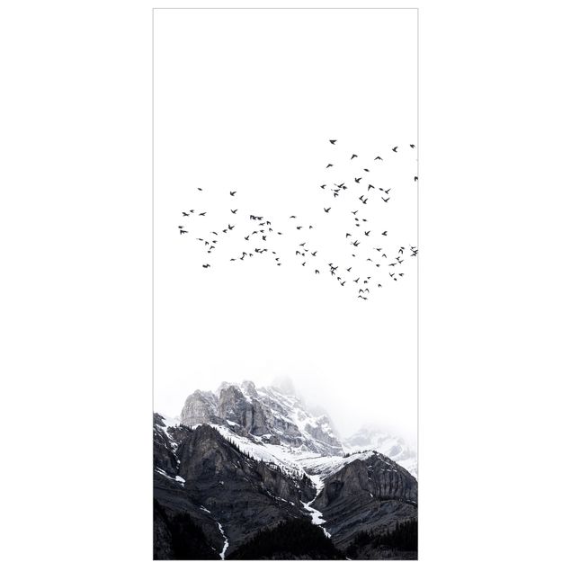 Raumteiler - Vogelschwarm vor Bergen Schwarz Weiß - 250x120cm