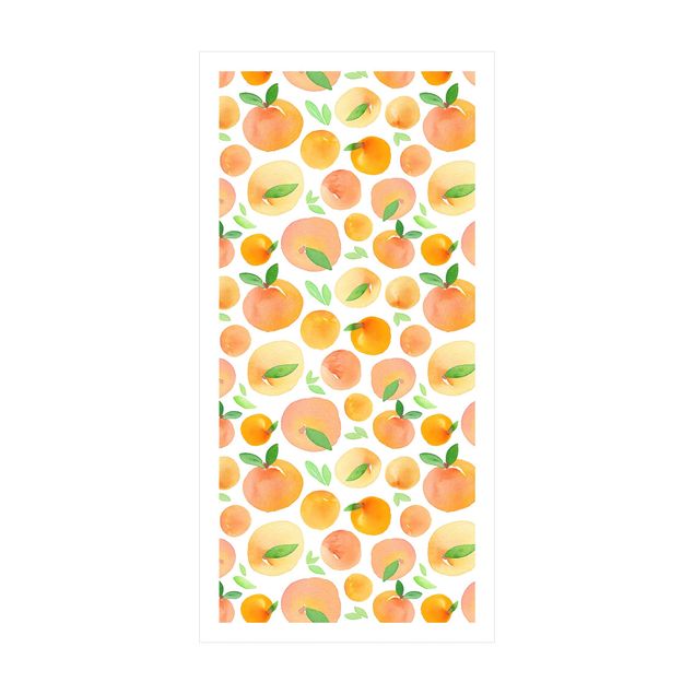 Teppich Esszimmer Aquarell Orangen mit Blättern in weißem Rahmen