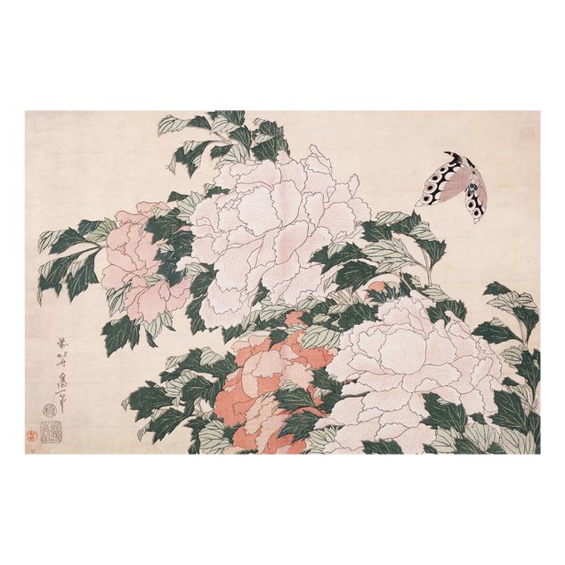 Spritzschutz Glas - Katsushika Hokusai - Rosa Pfingstrosen mit Schmetterling - Querformat - 3:2