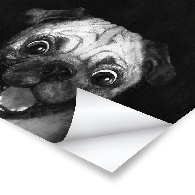 Poster - Illustration Hund Mops Malerei auf Schwarz Weiß - Hochformat 4:3