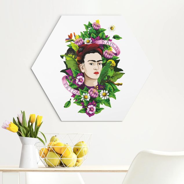 Hexagon Bild Alu-Dibond - Frida Kahlo - Frida, Äffchen und Papagei
