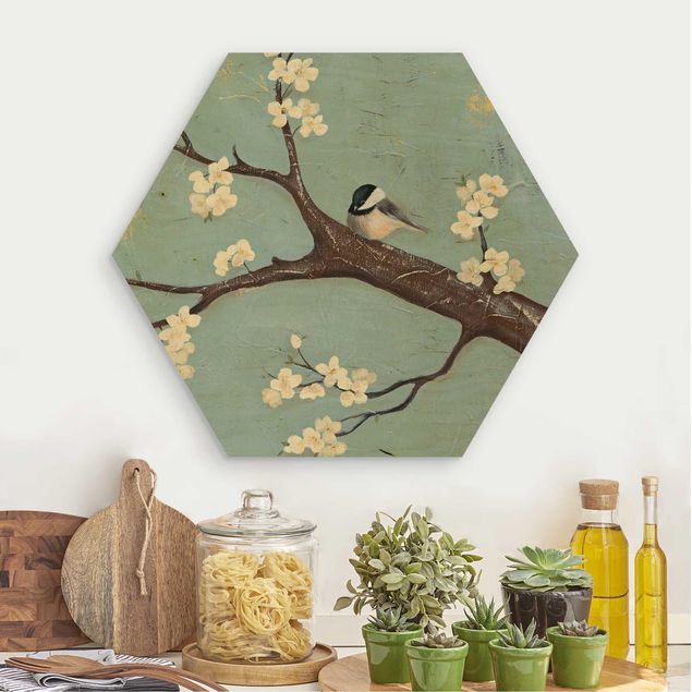 Hexagon Bild Holz - Meise auf Kirschbaum