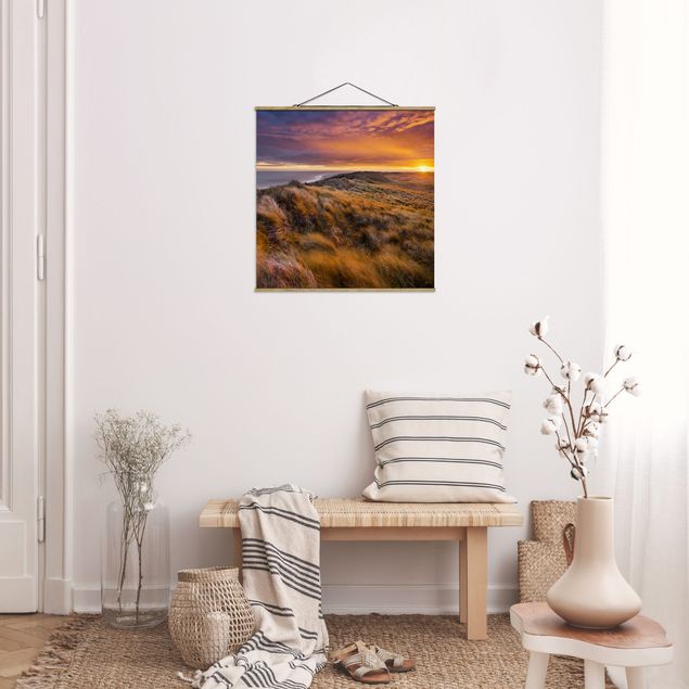 Stoffbild mit Posterleisten - Sonnenaufgang am Strand auf Sylt - Quadrat 1:1