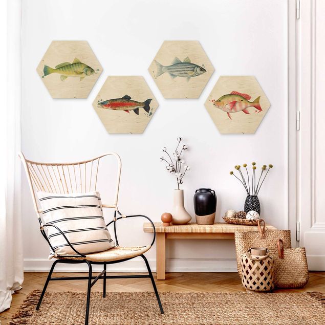 Hexagon Bild Holz 4-teilig - Farbfang - Fische Set I