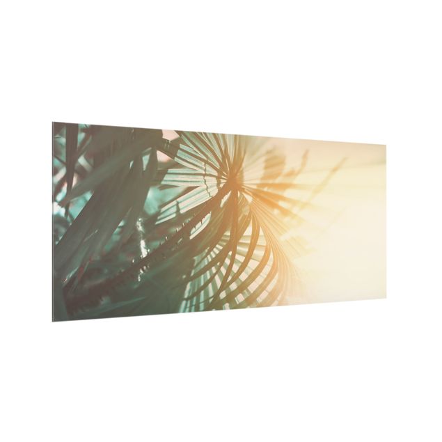 Spritzschutz Glas - Tropische Pflanzen Palmen bei Sonnenuntergang - Querformat - 2:1