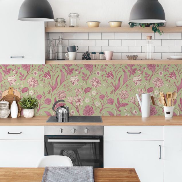 Küchenrückwand - Blumentanz in Mint-Grün und Rosa Pastell