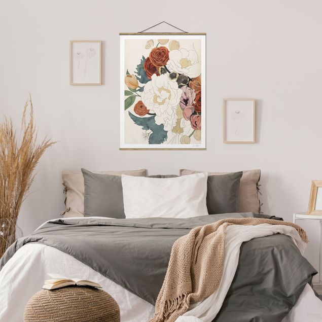 Stoffbild mit Posterleisten - Zeichnung Blumenbouquet in Rot und Sepia - Hochformat 3:4